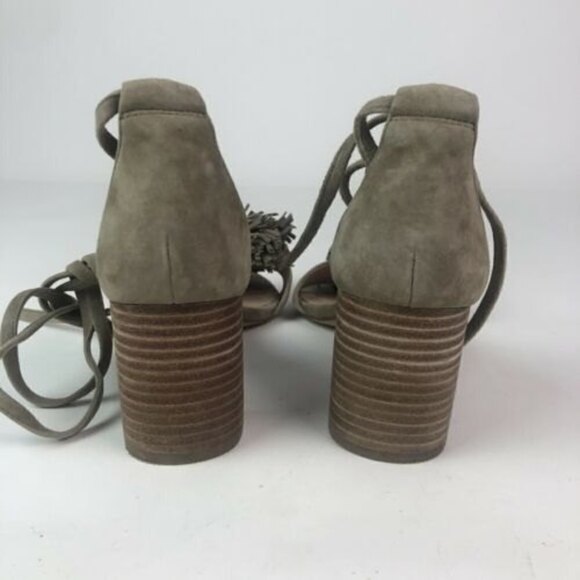 MADEWELL Lainy Sandals Ankle Wrap block heel  Clay Taupe Suede Pom Fringe Shoes - Picture 5 of 10